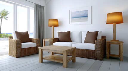 Bright coastal living room. Woven furniture, white sofa and walls create a relaxing, beachy vibe