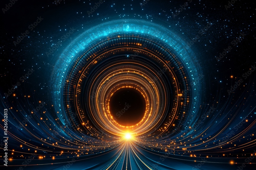 Fototapete A symmetrical pattern of glowing lights forms an intricate tunnel, with orange and blue hues creating depth in the scene. The composition includes a central circle of bright LED light patterns