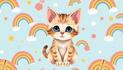 Adorable kitten and rainbow seamless pattern, perfect for kids' products, animal, lovely