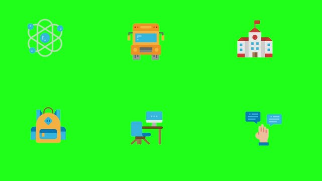 Atom, Physics, Science, School Bus, School Building, Bag, Office Work Classroom, Answer, Question, Comments Education Icons Pack Insolated Green Screen
