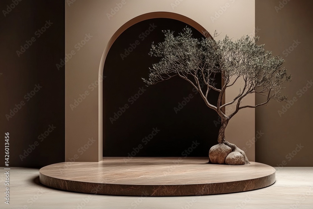 Poster Abstract background with a podium for product presentation, 3D rendering. The background is in pastel colors with geometric shapes and round elements