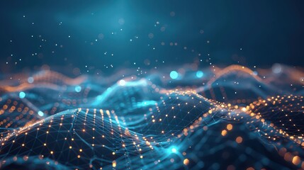 Abstract network landscape with glowing nodes and connections on a blue background