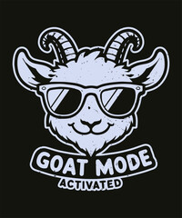 GOAT MODE ACTIVATED T-Shirt Design – Cartoon Ram Head Logo with Sunglasses and Smirking Expression
