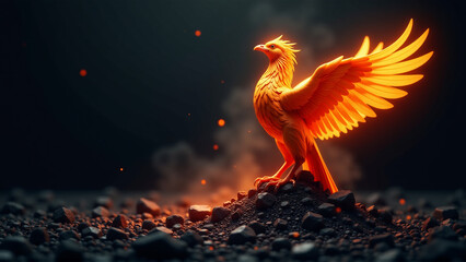 Abstract Phoenix Rising from Stylized Ashes Labeled "Pandemic" - Rebirth and Strength Symbol