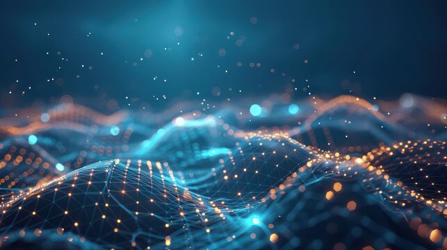 Abstract network landscape with glowing nodes and connections on a blue background