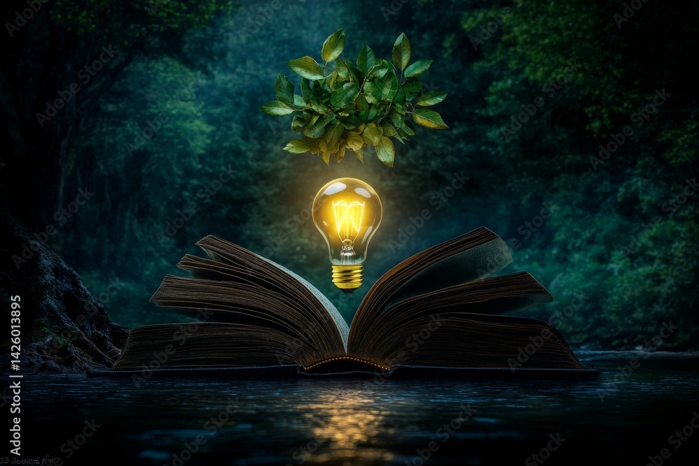 Poster an open book with an illuminated light bulb and tree leaves floating above it, symbolizing knowledge