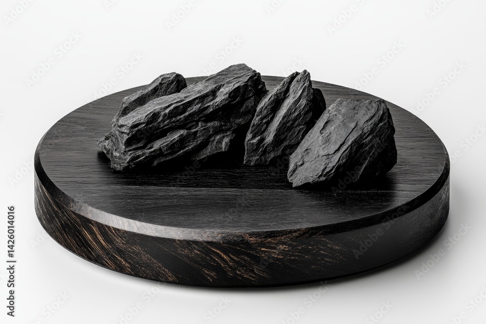 Poster Black round podium with black rocks on a white background, a mockup for a product presentation with an empty space scene. Minimalistic design template