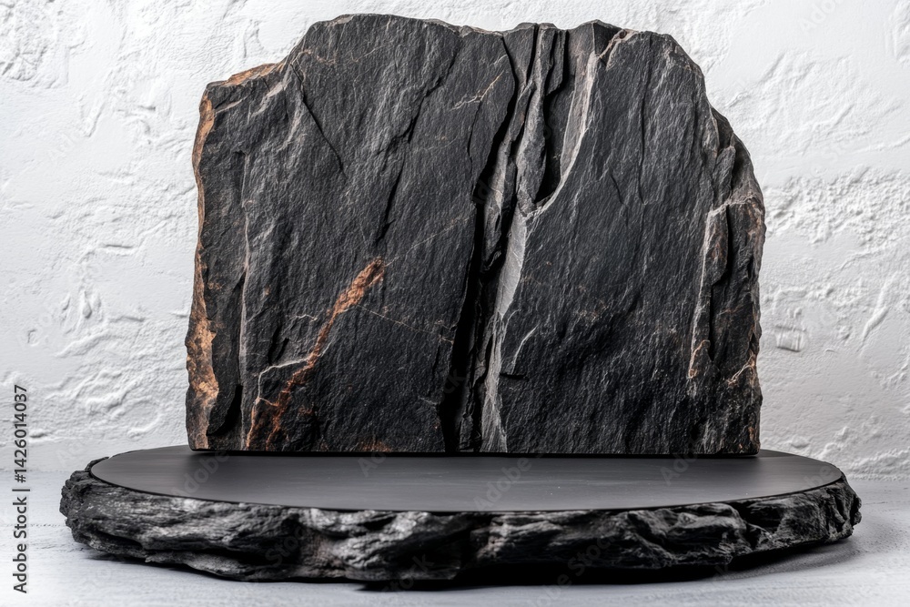 Aufkleber black round podium with black rocks on a white background, a mockup for a product presentation with 