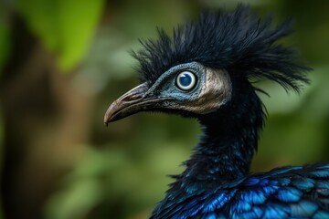 Obraz premium Stunning close-up of a peacock showcasing its vibrant plumage in a lush environment