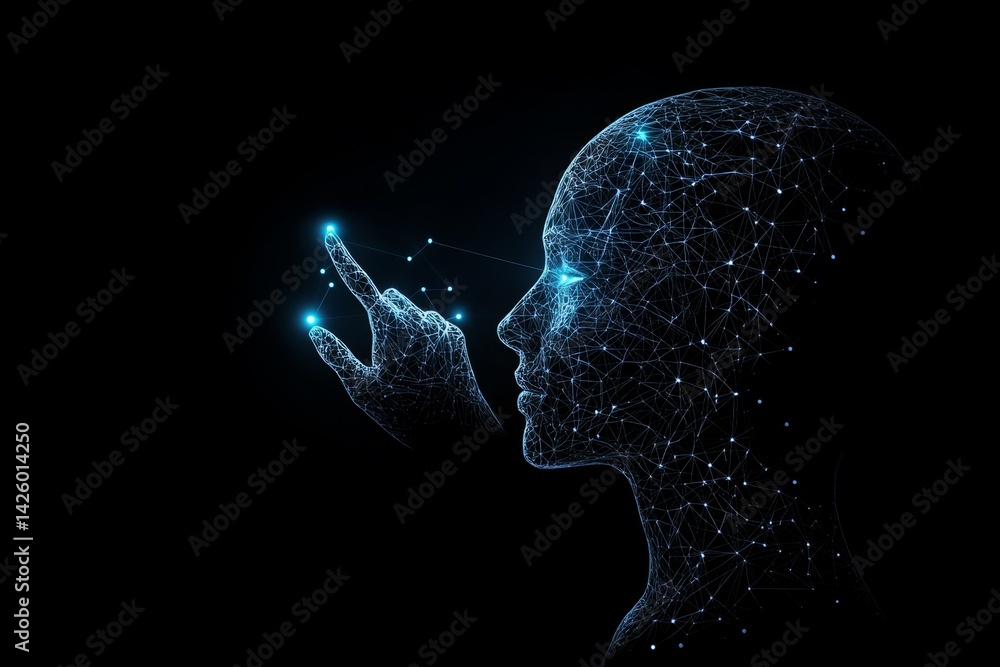 Poster businessman touching a virtual icon of people in a social network on a digital screen, a futuristic 