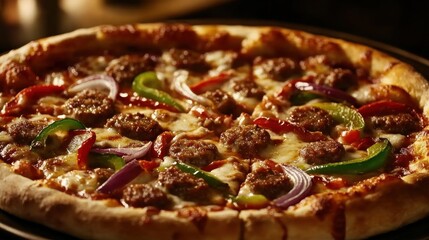 Pizza with Sausage, Peppers, and Onions on Dark Background