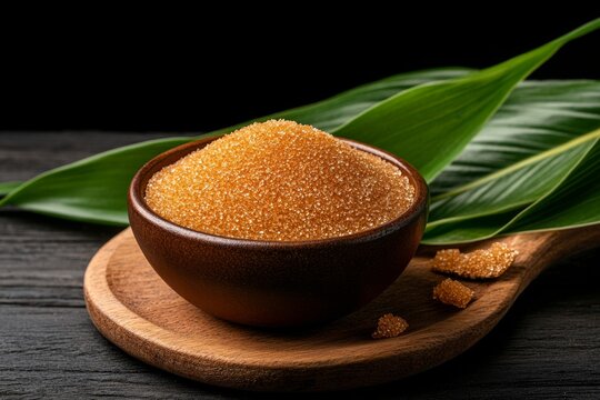 Cane sugar is made from the fibers of sugarcane, and it comes in one or more types of golden yellow-colored tablespoons, brown bowls with pieces on top, and some cut Aztec banana leaves on a