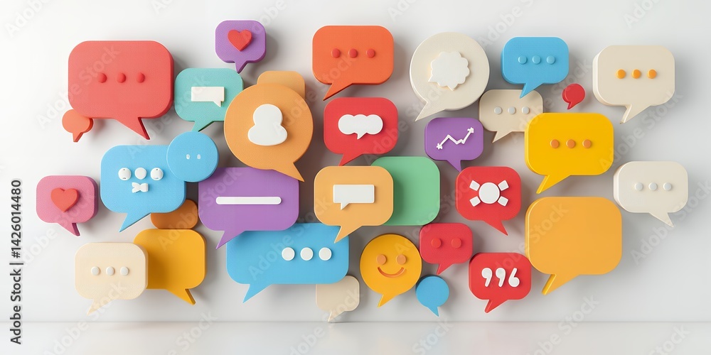 Poster a collection of colorful speech bubbles with different icons on a white background surface