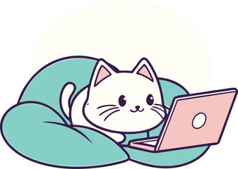 Fototapeta premium Cozy cat running laptop, lounging on teal cushion vector illustration
