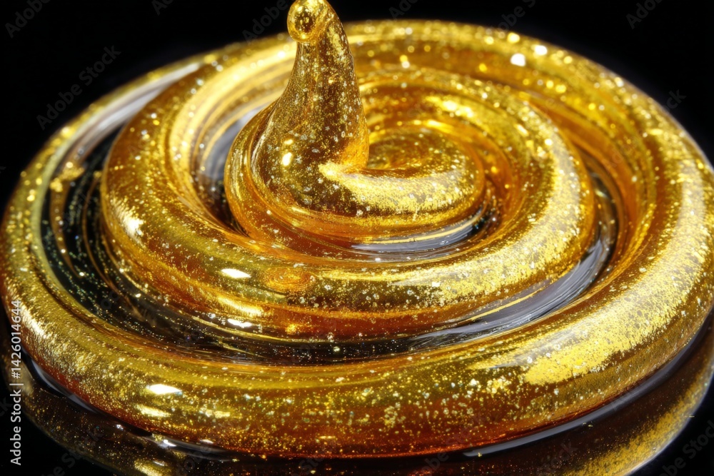 Poster viscous golden swirl of glittery substance on black surface showcasing vibrant color and smooth text