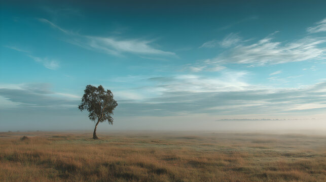 Solitary tree standing in a field shrouded in misty atmosphere at dawn time scenic view