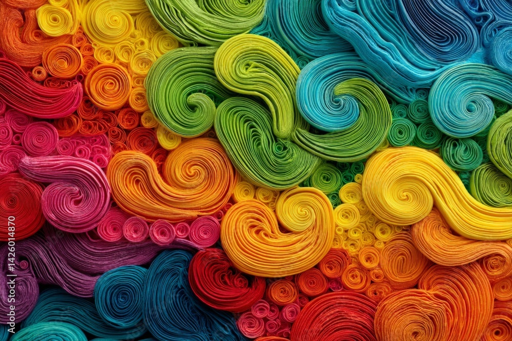 Poster colorful swirling paper art creation displayed on a vibrant surface in an artistic workspace
