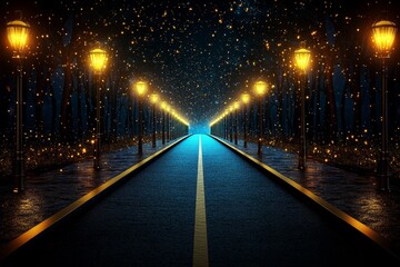 Dark background, golden light particles floating in the air, blurred city lights on both sides, panoramic view, depth of field effect, mysterious atmosphere, fantasy style. High-definition photography