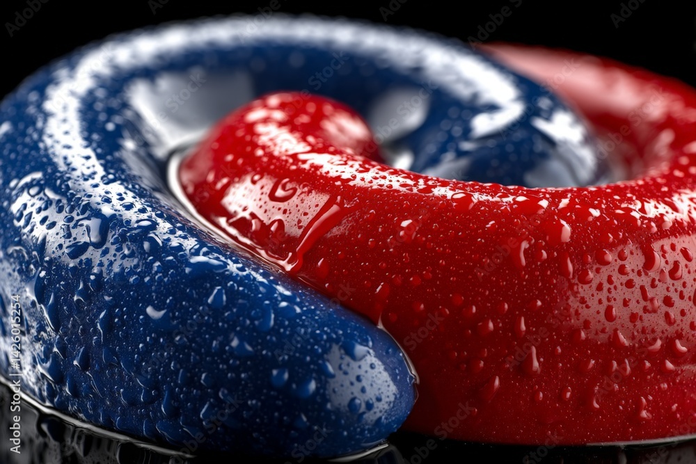 Fototapete colorful twisted shapes with droplets captured in a close-up setting showcasing vibrant red and blue