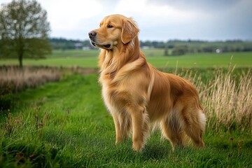 Golden retriever standing, side view, full body, white background, detailed photograph