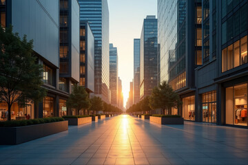 Empty streets and sidewalks with sunset shining between the buildings of the cityscape.AI
