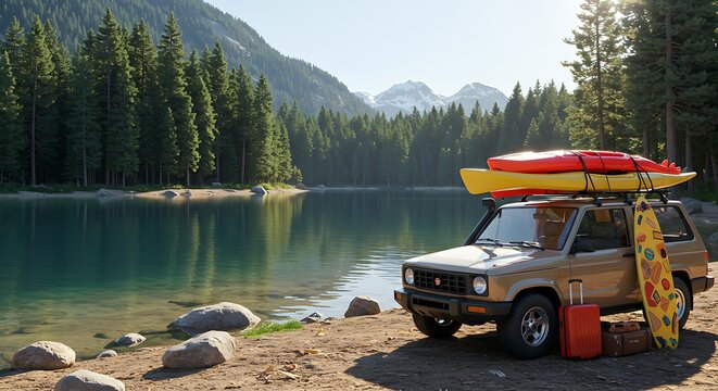 Off-Road Vehicle Ready for Lakeside Adventure: Kayaks & Surfboard Await, Mountain Backdrop, Warm Light for a Tranquil & Active Getaway near Nature's Beautiful Scene