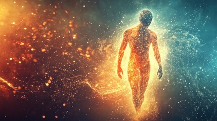 Fototapeta premium Abstract figure walking through fiery and icy cosmos