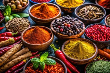 Fototapeta premium Vibrant Spice Portrait Photography: Colorful Herbs & Aromatic Seasonings