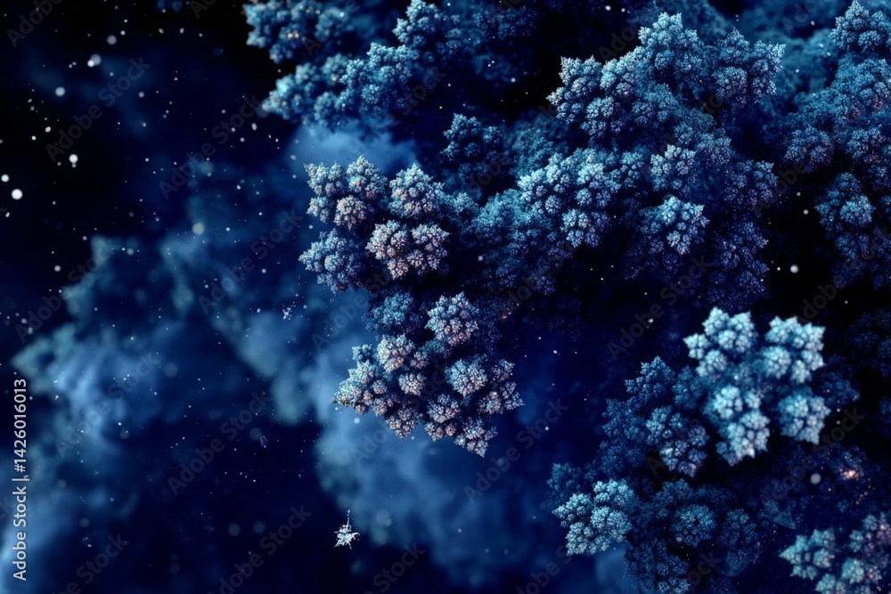 Poster Exploring intricate fractal patterns amidst a cosmic blue background filled with ethereal clusters and starry details