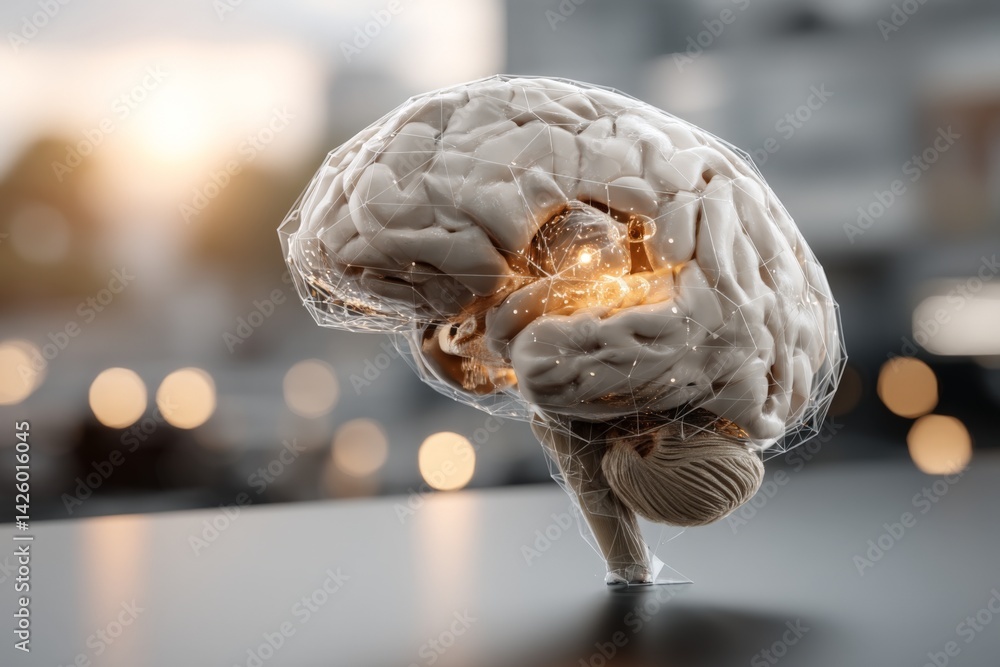 Poster Artistic representation of a brain with glowing neural connections in a modern setting during sunset