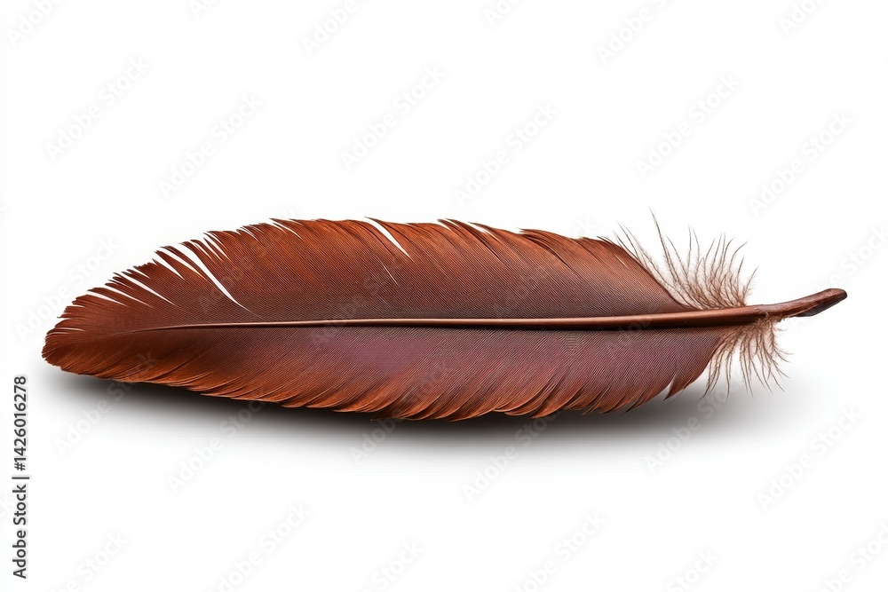 Poster realistic brown feather on a white background, with no shadows, shadow effects, reflections, or drop