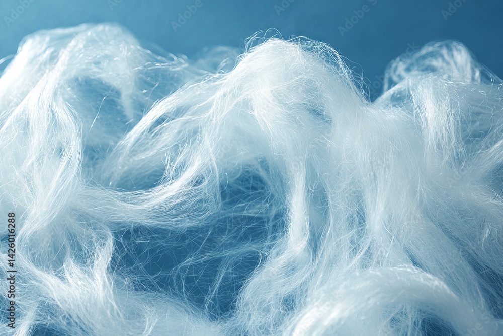 Poster Soft white fibers gently flowing against a blue background create an ethereal and dreamy visual effect