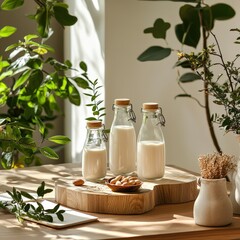 Three glass bottles of fresh almond milk sit on a wooden board surrounded by lush green plants and a small bowl of almonds in a sunlit kitchen setting.