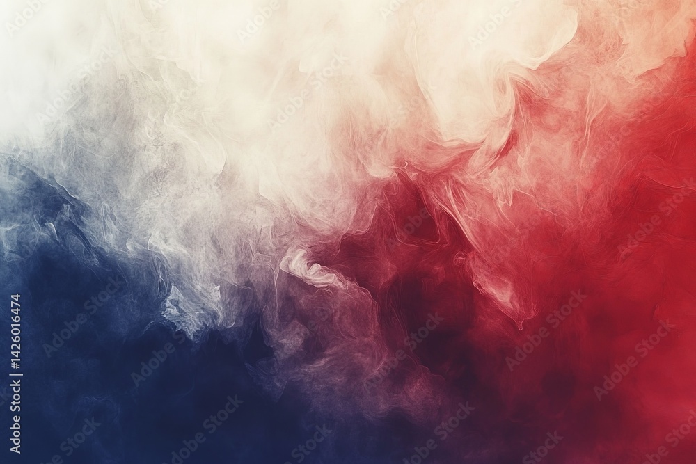 Poster colorful smoke swirl in red, white, and blue creating a dynamic abstract art piece in a studio setti