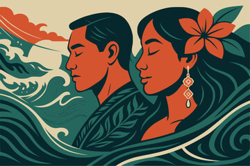 A beautiful pacific islandic girl and asian man on background waves in tropical colors and asian patterns, banner for Asian American and Pacific Islander Heritage Month