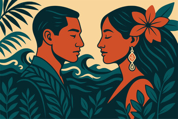 A beautiful pacific islandic girl and asian man on background waves in tropical colors and asian patterns, banner for Asian American and Pacific Islander Heritage Month