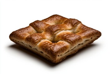 Side view of one square brown cracker with small holes, white background, high-resolution photography