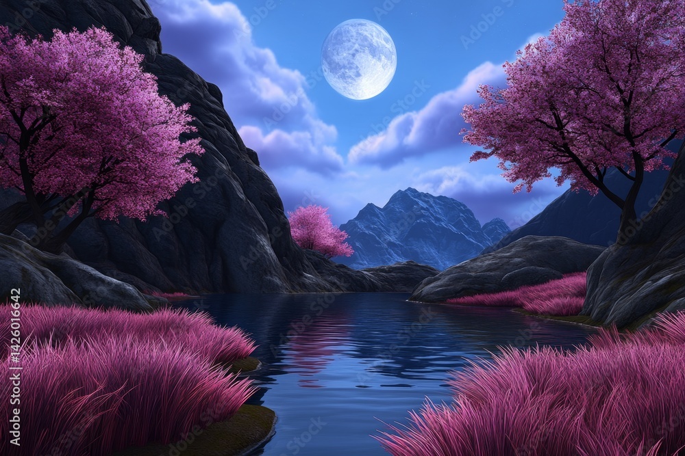 Poster the ethereal and dreamy style of the game's cg background scene features a lake in the foreground, w