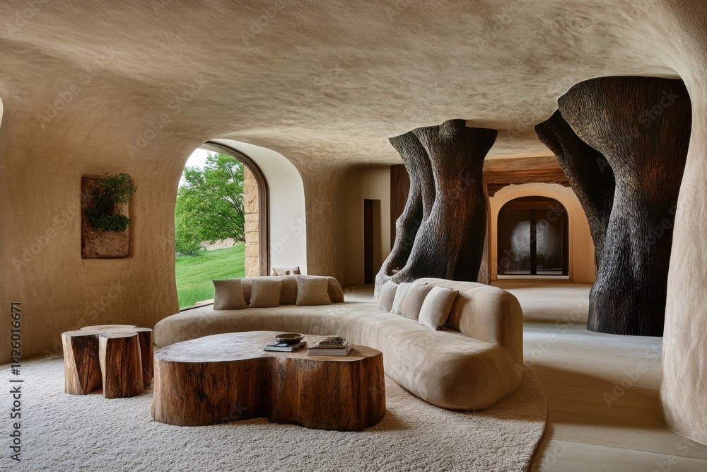 Leinwandbilder The floor features a fluffy carpet with wooden side tables beside them. The walls have a light beige color, and there's a window at one end that reveals part of another room. The style is minimalistic