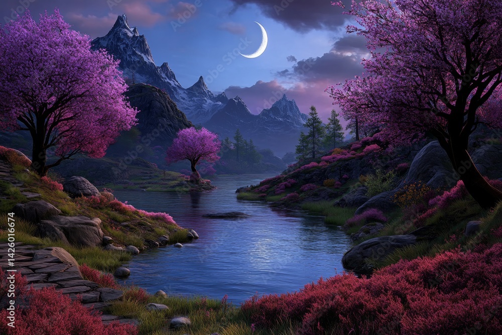 Poster the ethereal and dreamy style of the game's cg background scene features a lake in the foreground, w