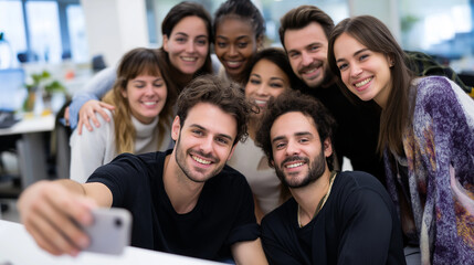 Team Collaboration Around Desk with Smiles and Laughter