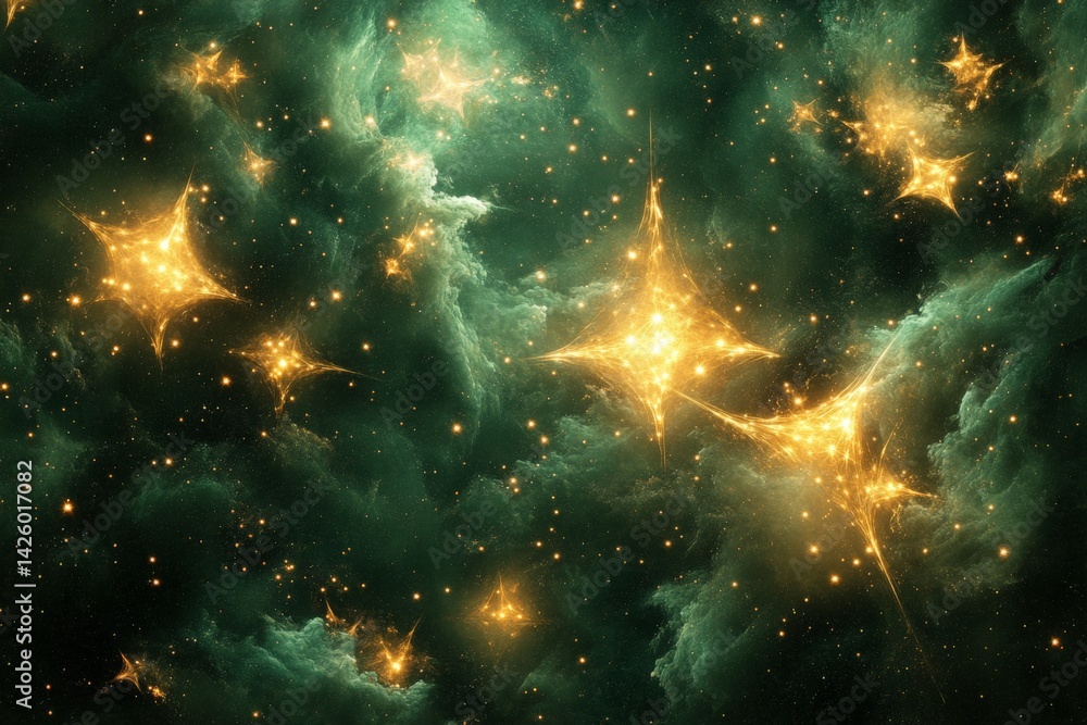 Aufkleber stunning cosmic view of glowing stars in a green galaxy filled with swirling clouds and distant ligh