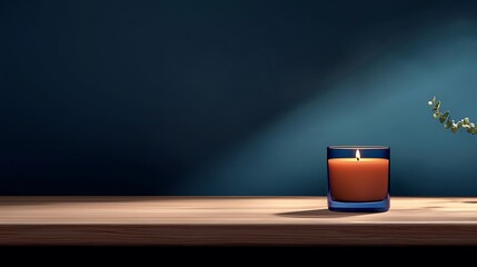 A serene candlelit scene on a wooden table with soft lighting and a plant backdrop