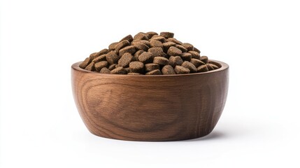 Dry dog food in bowl with brown wooden container concept. A wooden bowl filled with nutritious dog food pellets.
