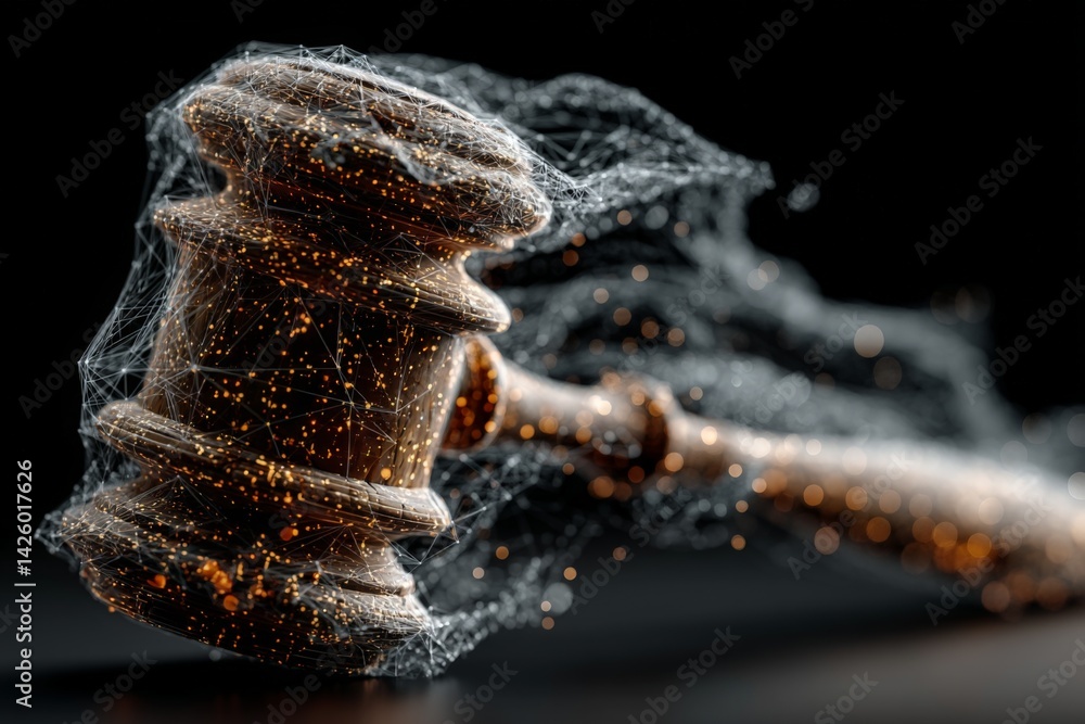 Aufkleber Digital representation of a gavel symbolizing justice and law in a futuristic setting with abstract elements