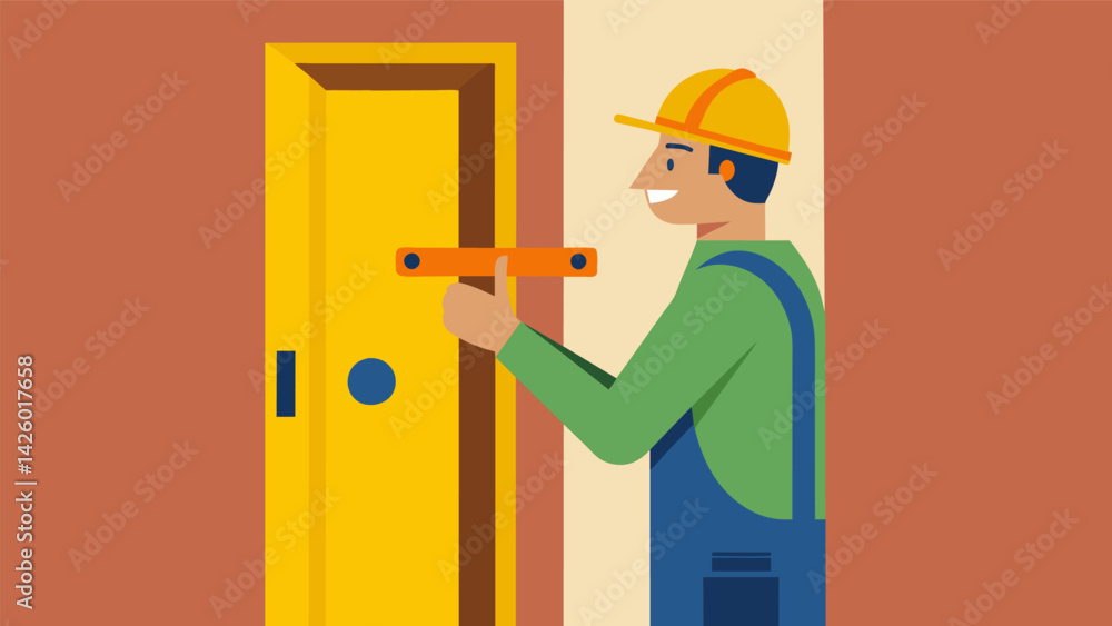 Poster the carpenter using a level to ensure the door is straight before attaching the door .. vector illus