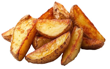 Pile of potato wedges with a brown crust on transparent or white background