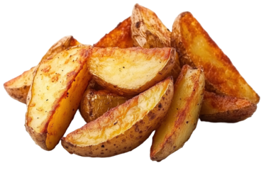 Pile of potato wedges with a brown crust on transparent or white background