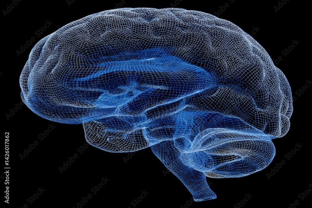 Poster Visualization of a human brain in blue wireframe against black background illustrating neural connections