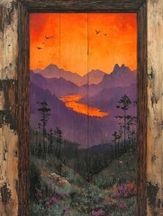 Naklejka premium Painting of a mountain landscape with a river and sunset in a frame.